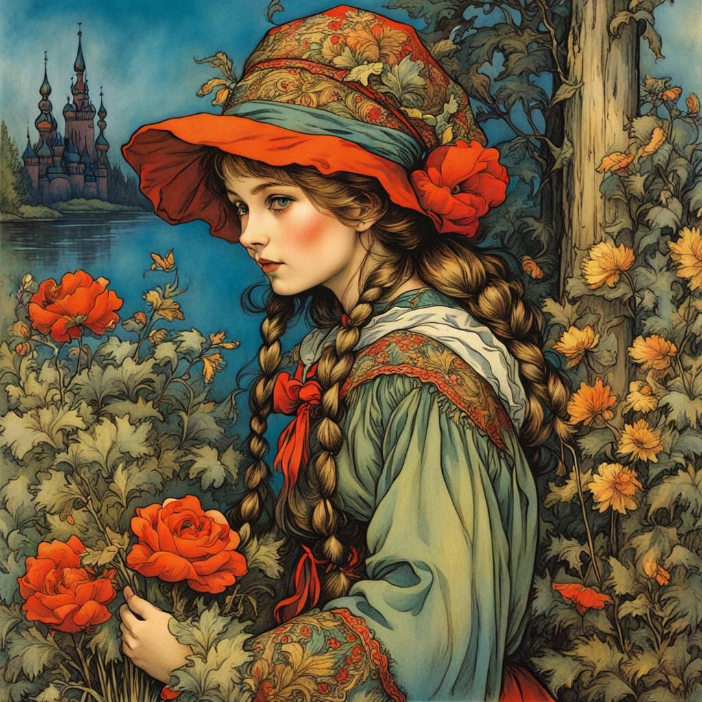 Fairytale Girl in Wildflower Field, Rackham Style