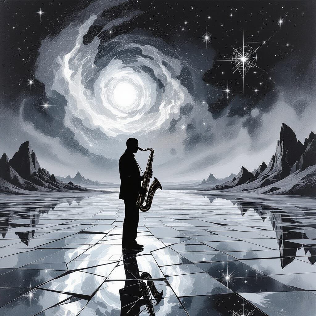 Surreal Sax Player on Alien World in Black and White