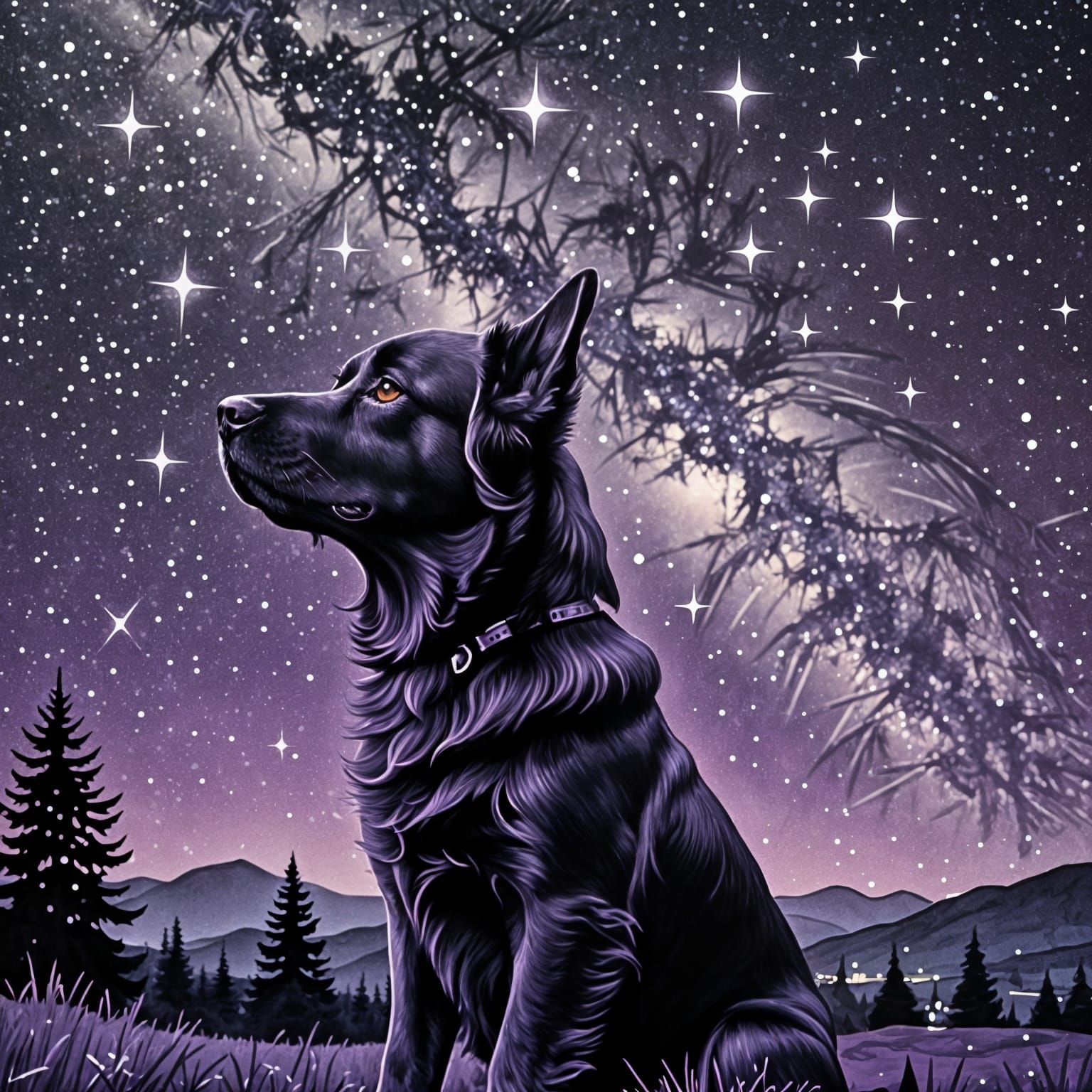 Surreal Dog Amidst a Mannerist Night Sky