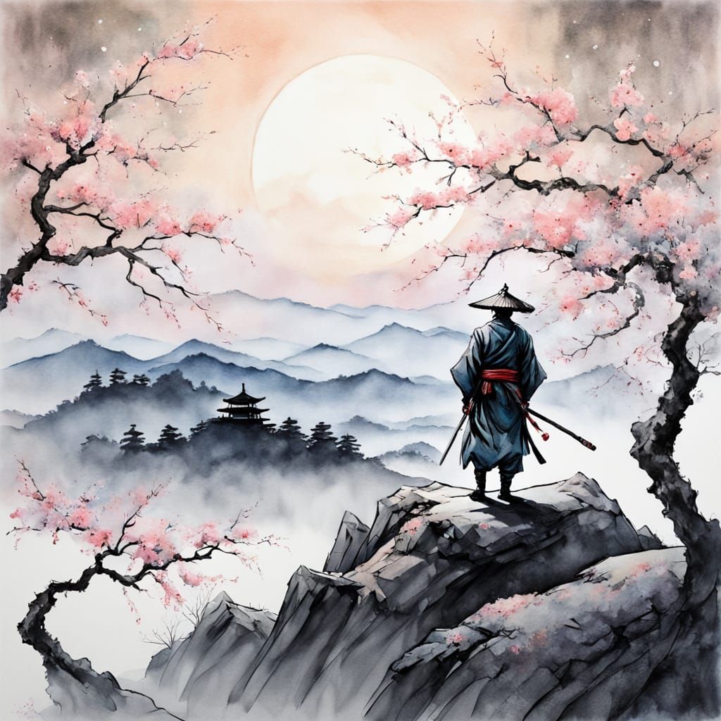 Ethereal Samurai Amidst Cherry Blossoms in Soft Moonlight