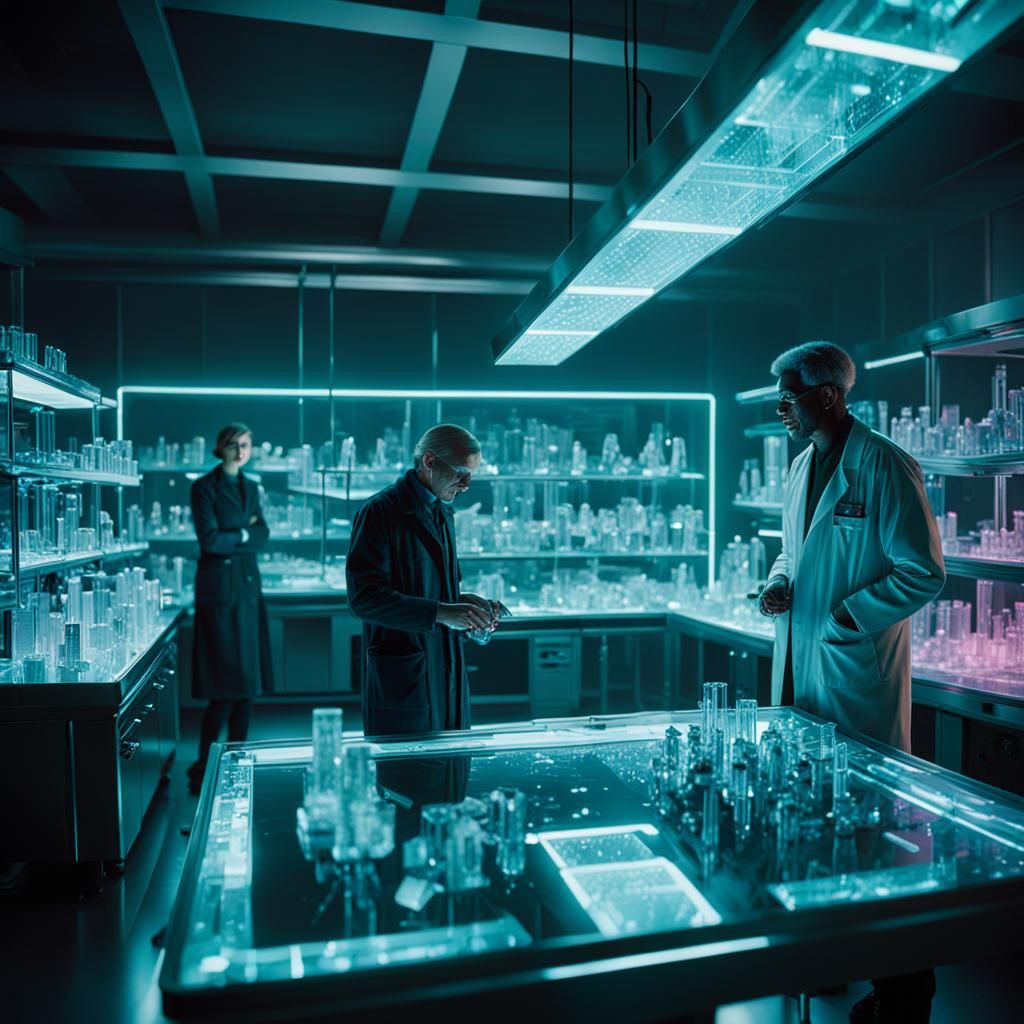 Scientists in a Crystalized Futuristic Lab