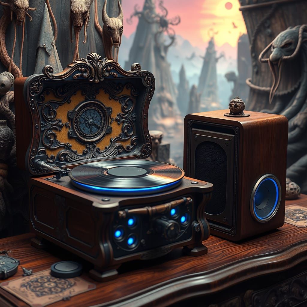 Vintage Record Player Meets AI Speaker in Surreal Dreamscape