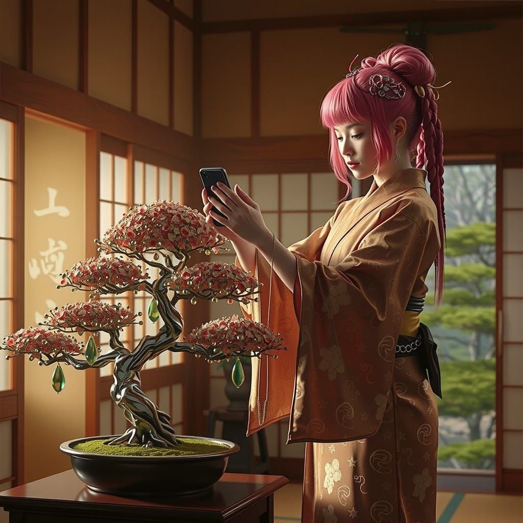 Cyberpunk Goddess Tends Chrome Bonsai in Traditional Japanes...