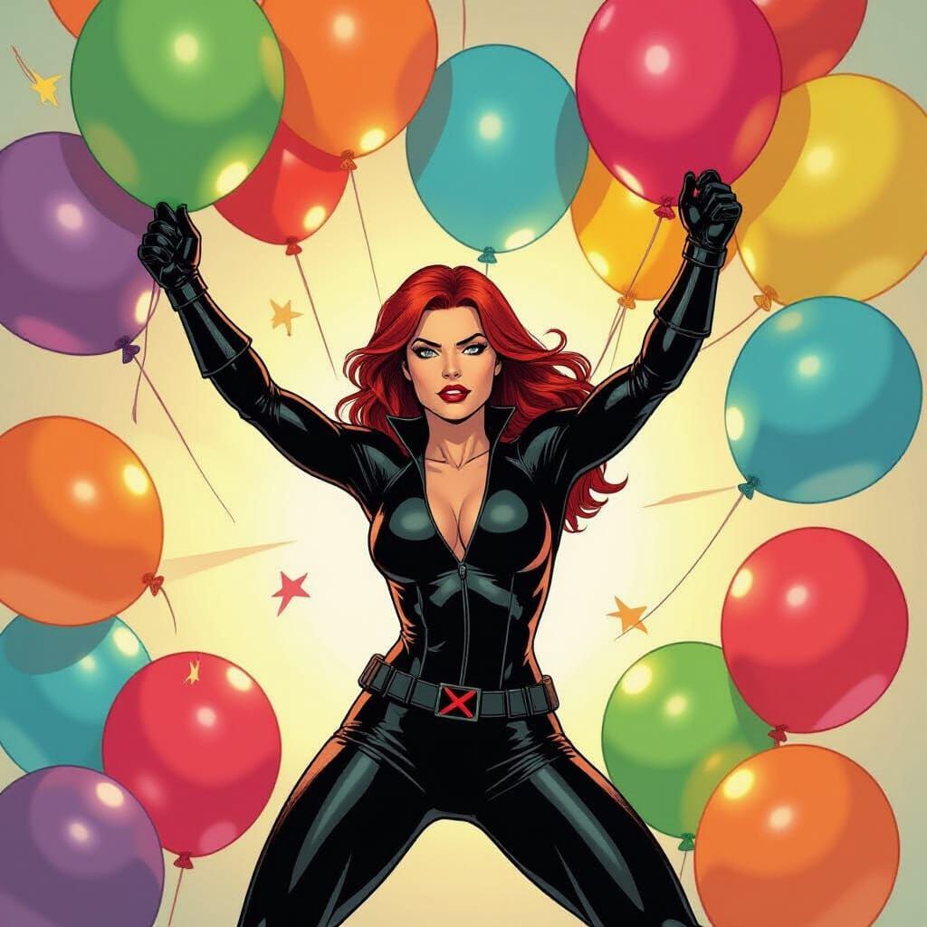 Black Widow Squishing Balloons: Comic Book Art