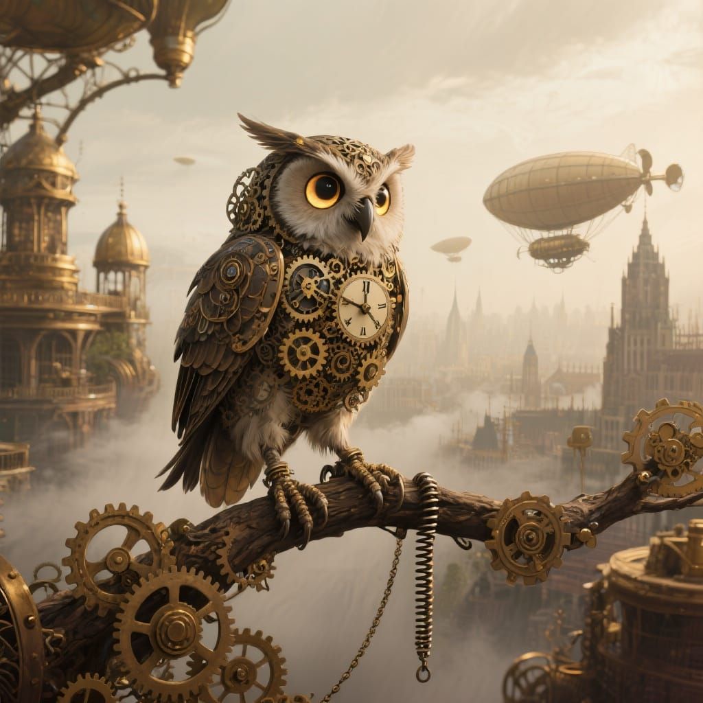 Clockwork Owl Over Steampunk City in Art Nouveau Style
