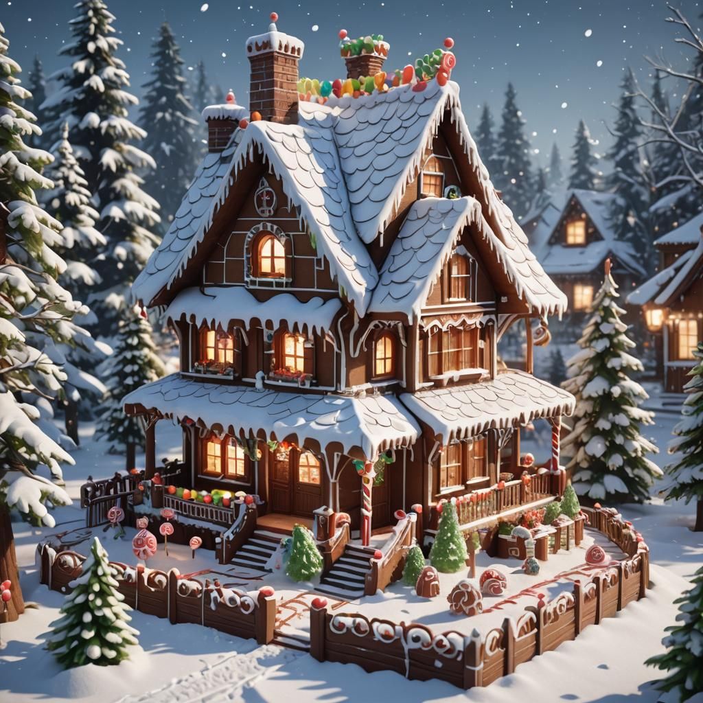 Detailed Gingerbread House in Winter Wonderland: Anime Art