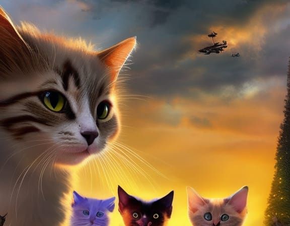 Cats and Kittens Chase Mouse: Dramatic Digital Painting