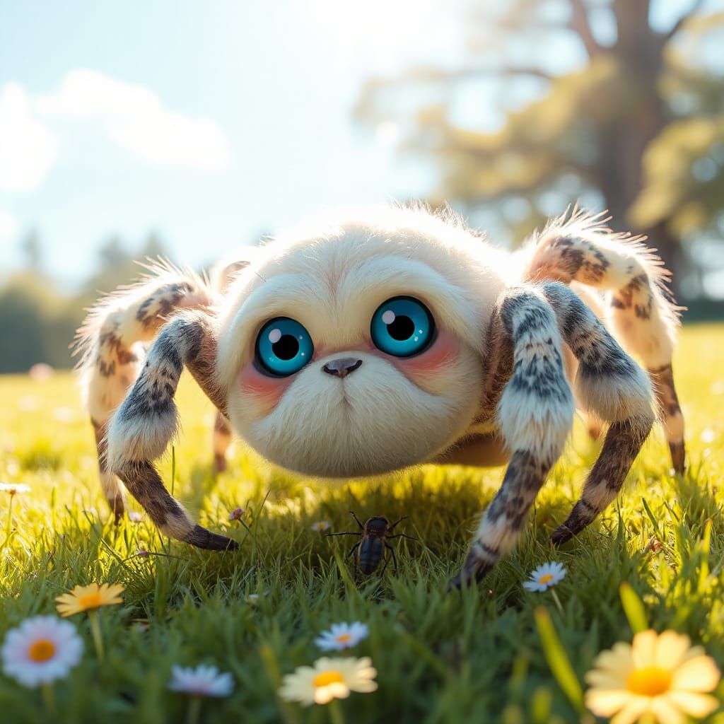 Cute Fluffy Spider with Blue Eyes in Sunlit Meadow