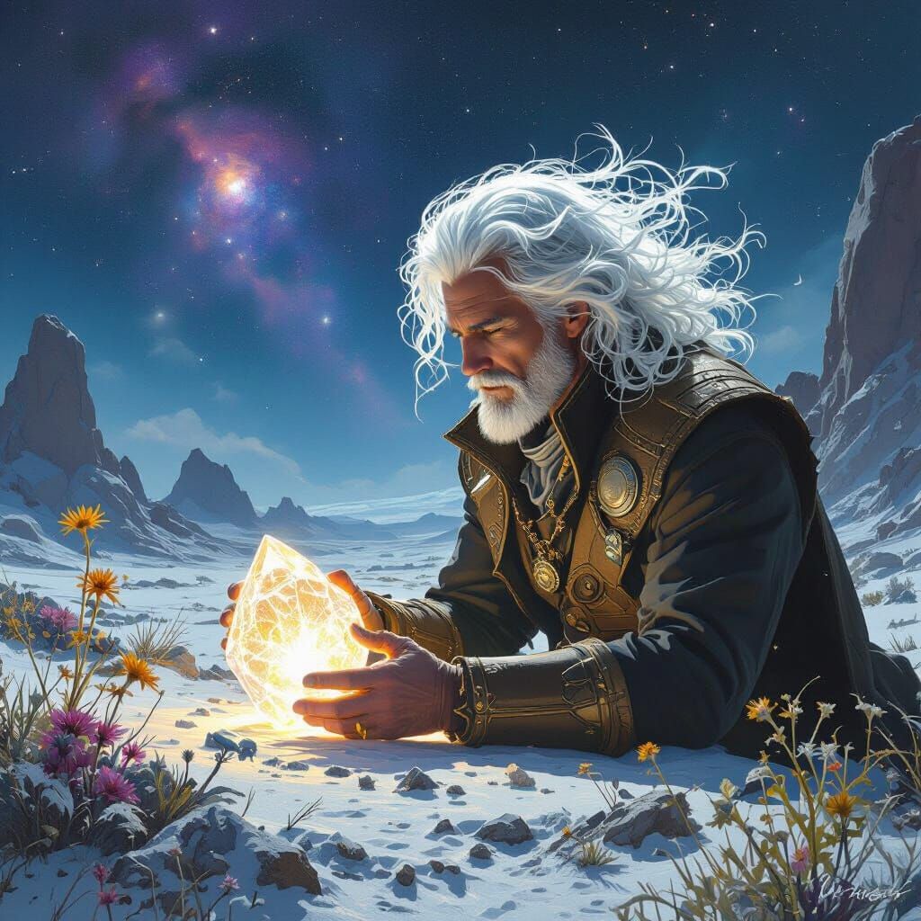 Victorian Explorer on Alien Planet with Nebula Sky