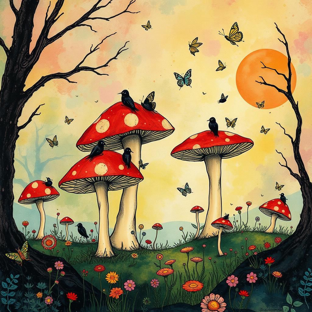 Whimsical Mushroom Forest in Mixed Media Style