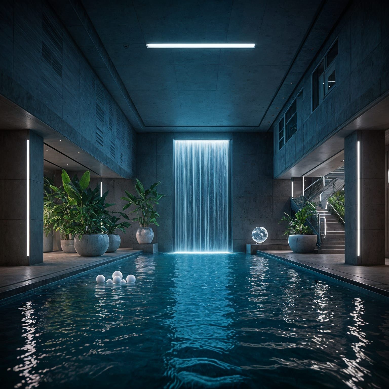 Futuristic Indoor Garden with Pool and Waterfall