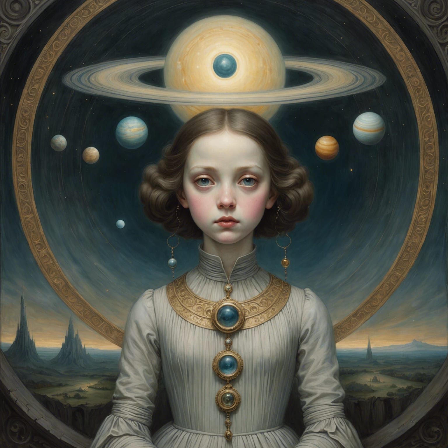 Ethereal Girl Hypnotized by Saturn in Lowbrow Style