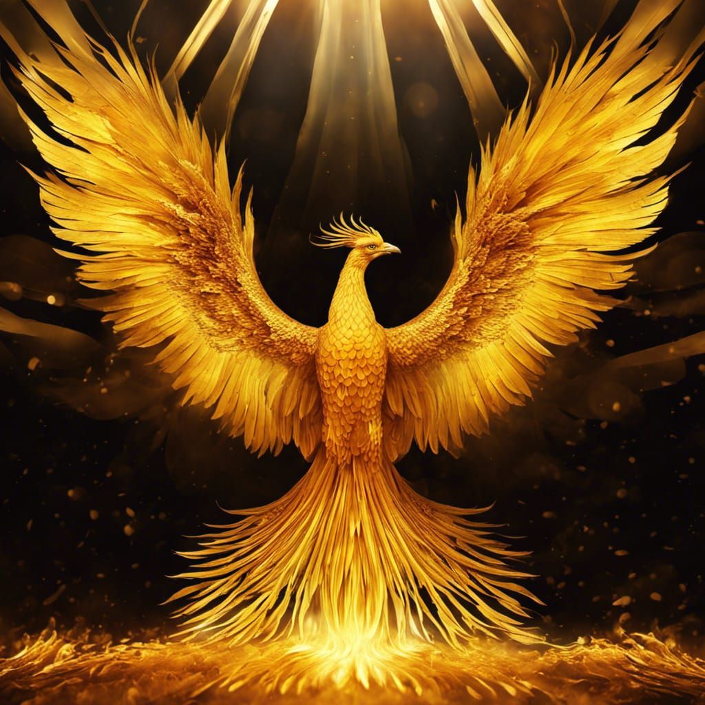 Fiery Sun Phoenix Spreading Wings in Sunny Sky