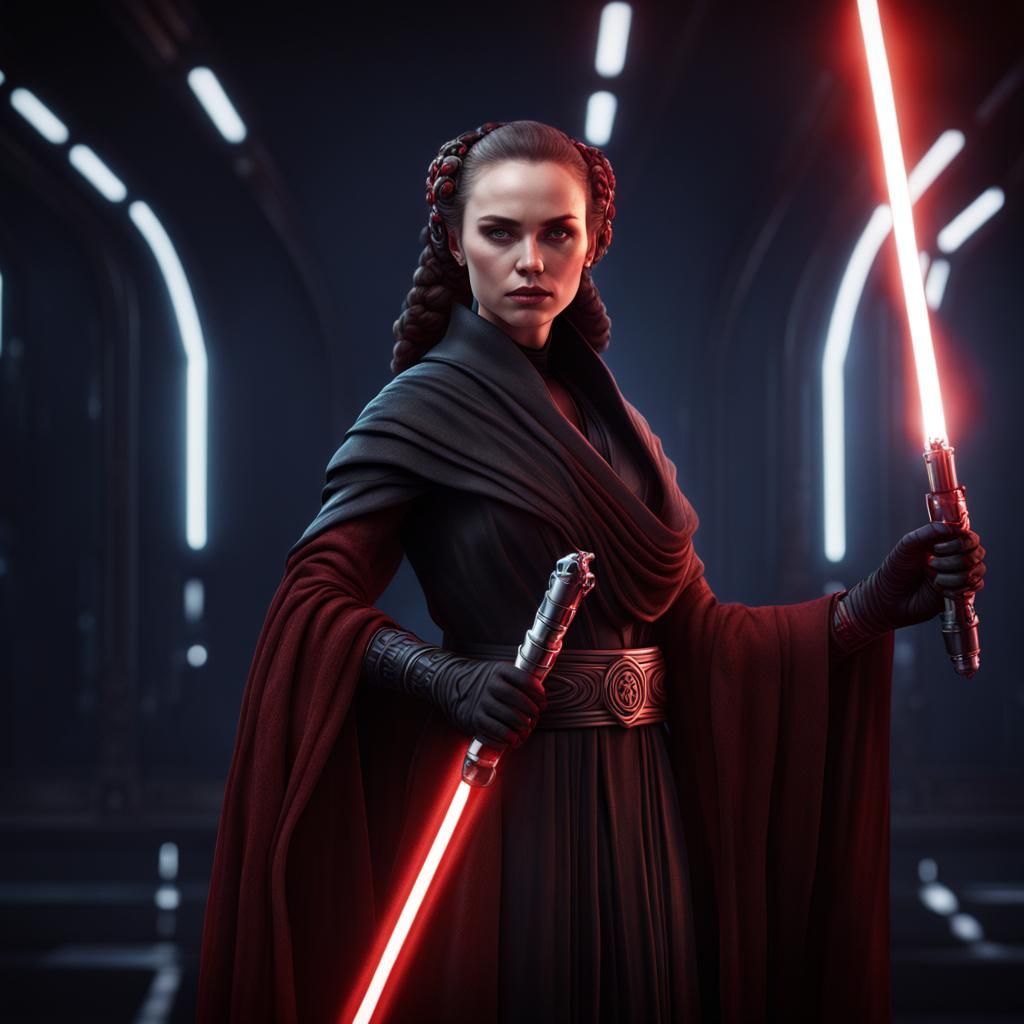 Padme Amidala as Dark Side Warrior with Glowing Lightsaber