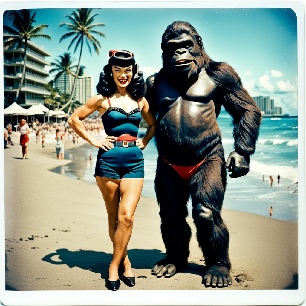 Sasquatch and Bettie Page on Waikiki Beach