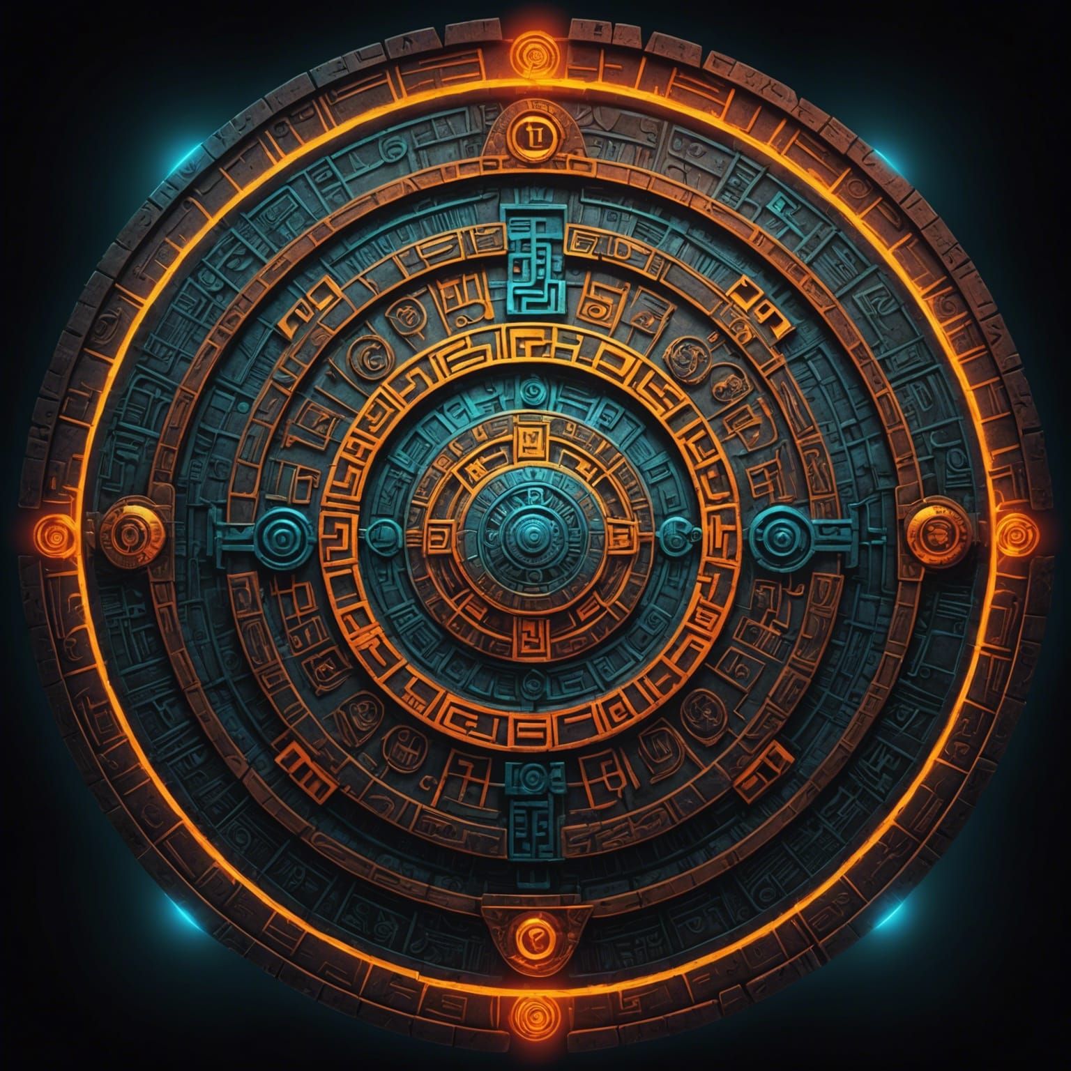 Cybernetic Mayan Calendar Shining in the Darkness