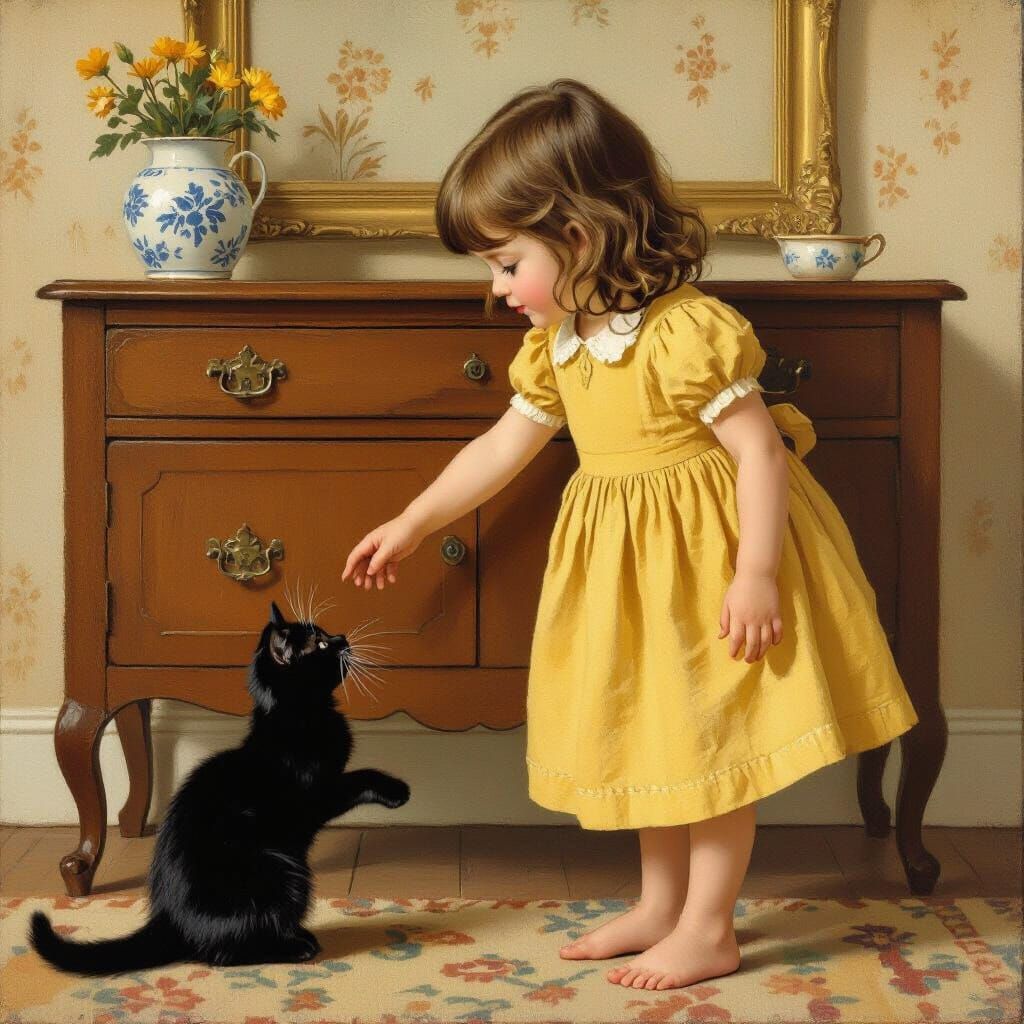 Girl and Kitten in the Style of Classic Art