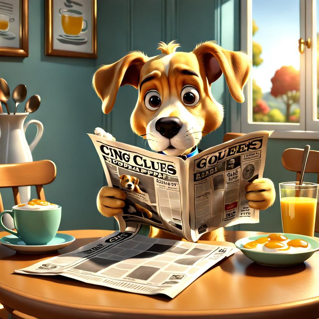 Cartoon Golden Clues Dog Reads Newspaper