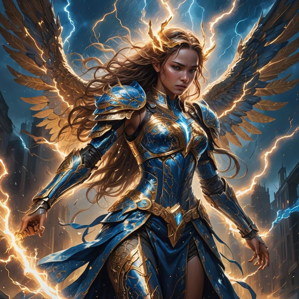 Winged Goddess Wields Lightning Weapon in Digital Art