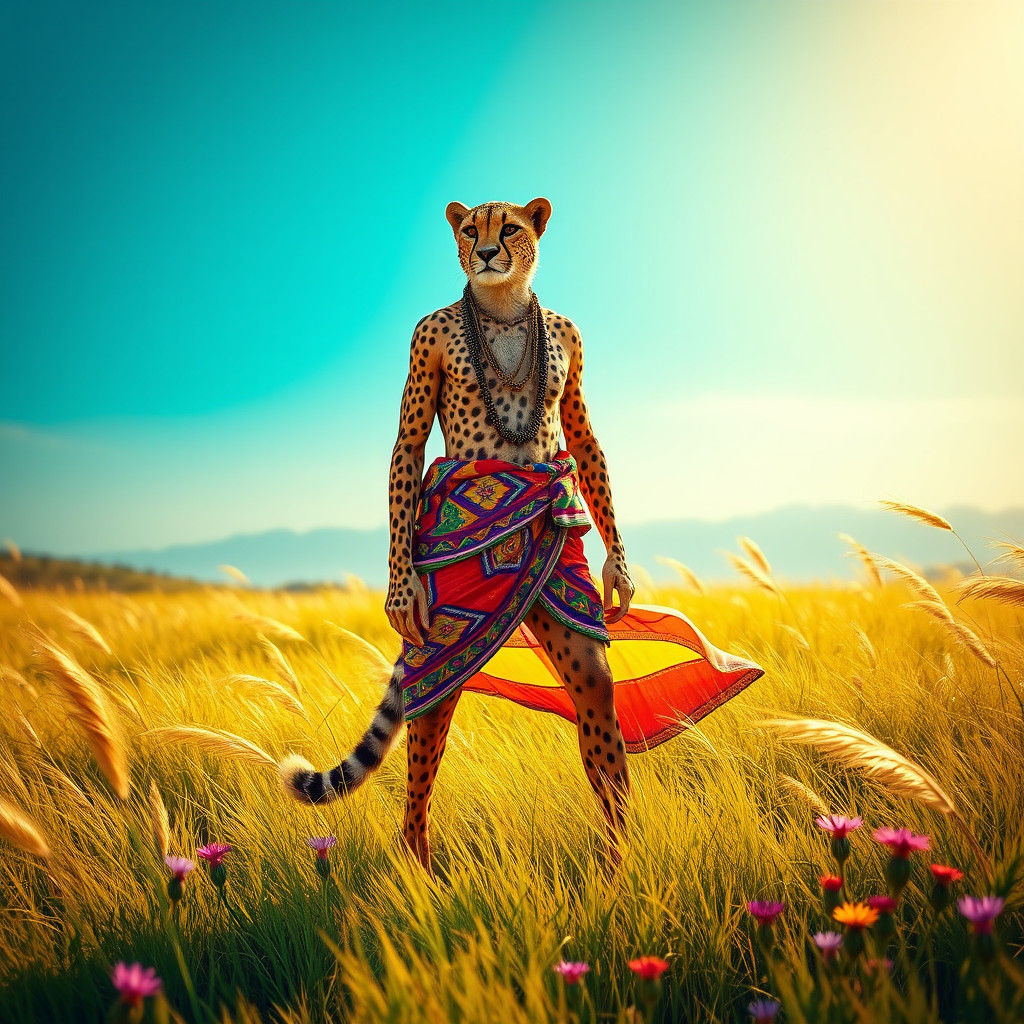 Majestic Human-Cheetah Hybrid in Sun-Drenched Savannah