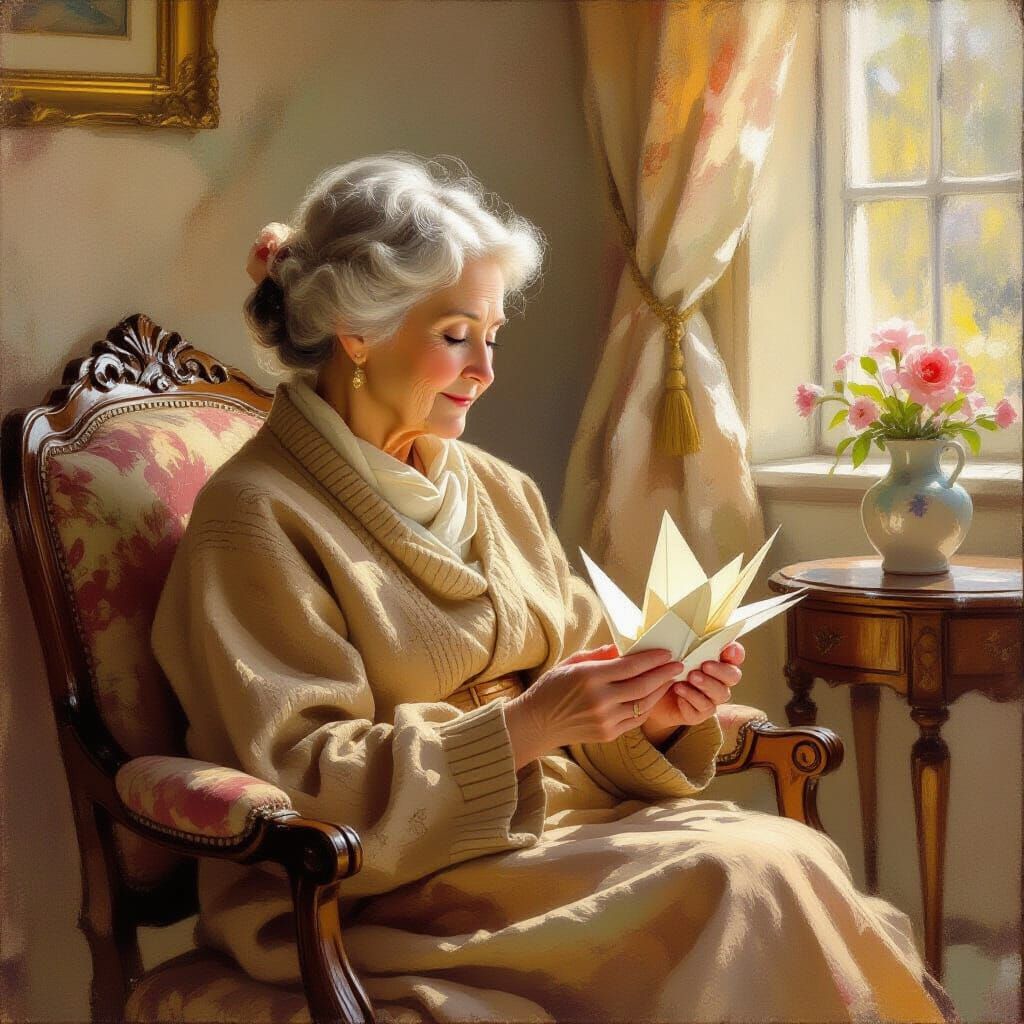 Elderly Woman with Origami Crane in Impressionist Style