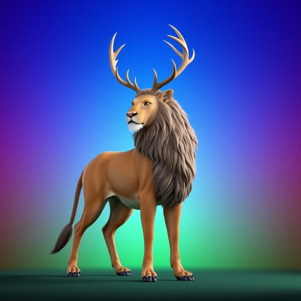 Regal Lion-Deer Hybrid in Vibrant Fantastical Dreamscape