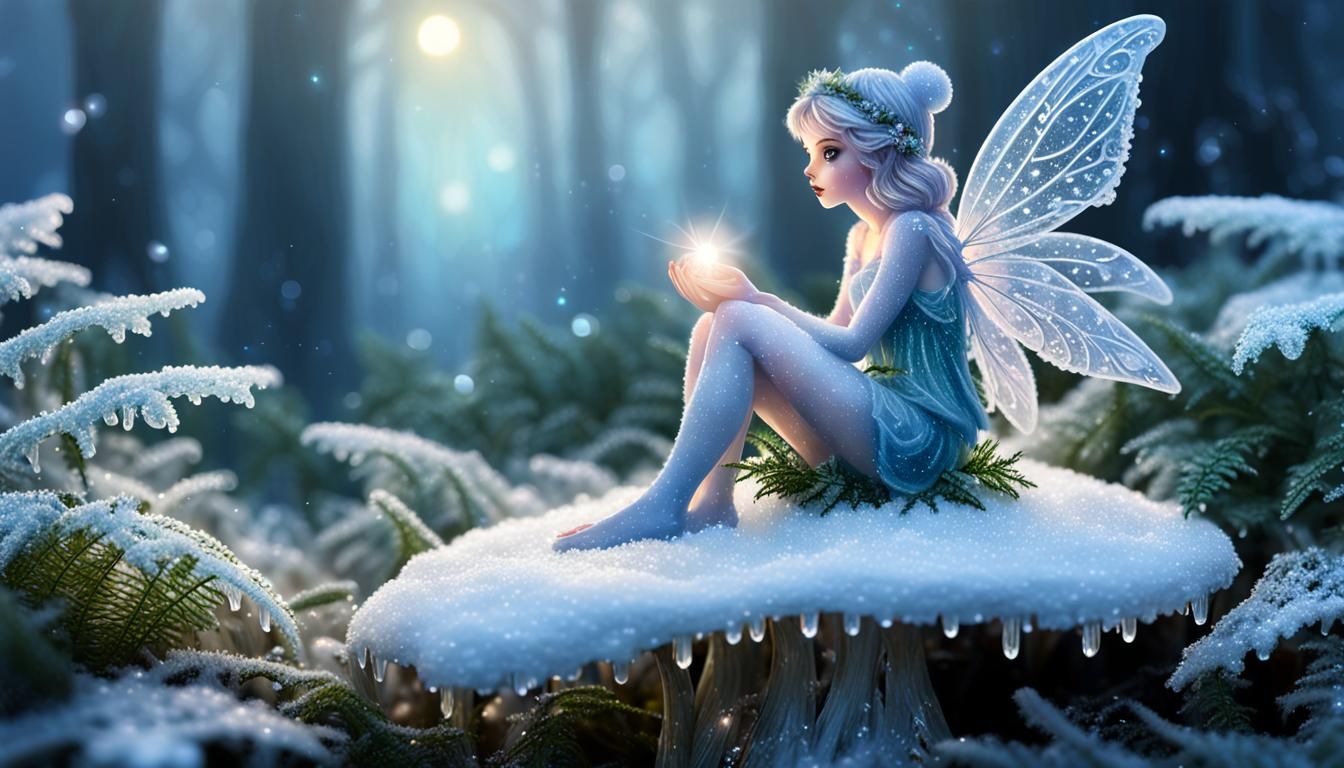Frost Fairy on Forest Mushroom, Luminous Fantasy Art