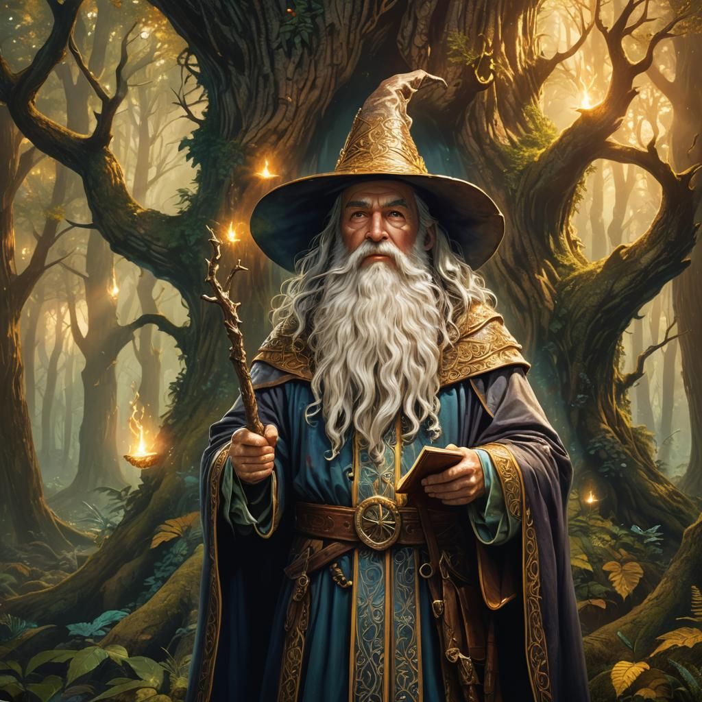 Mighty Wizard in Mystical Forest Fantasy Art