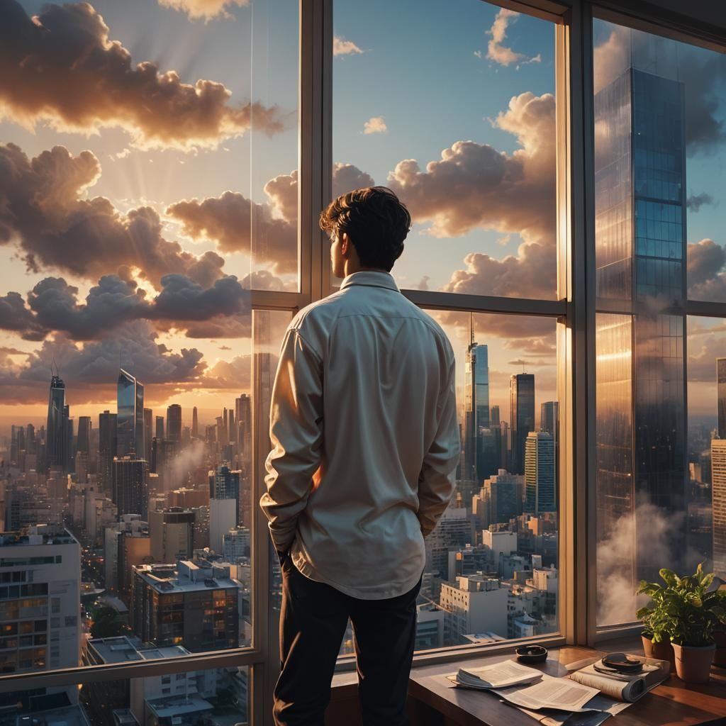 Sunset Cityscape View from Apartment in Digital Painting Sty...