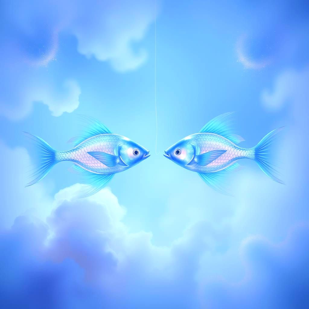 Surreal Celestial Ocean with Iridescent Fish in Soft Blues a...