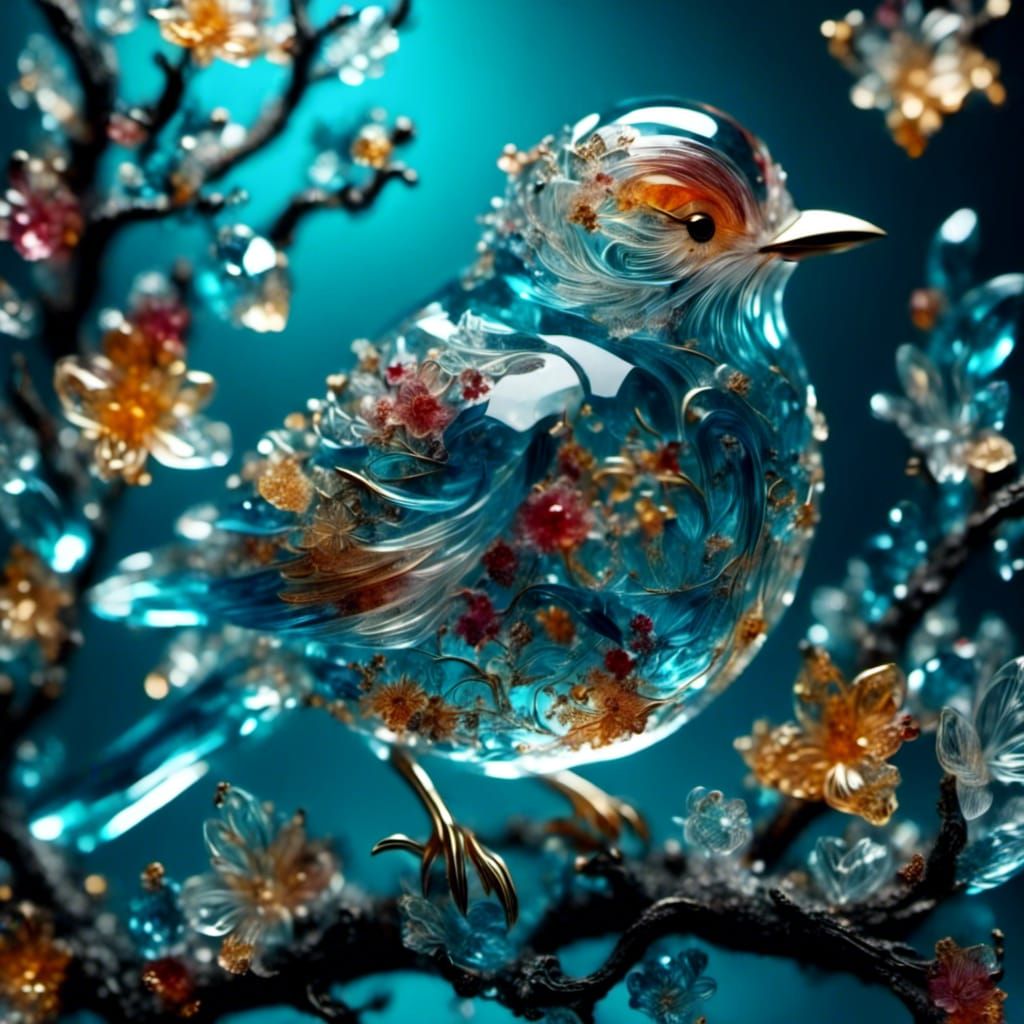 Colorful Bird on Branch in Glass Art Style