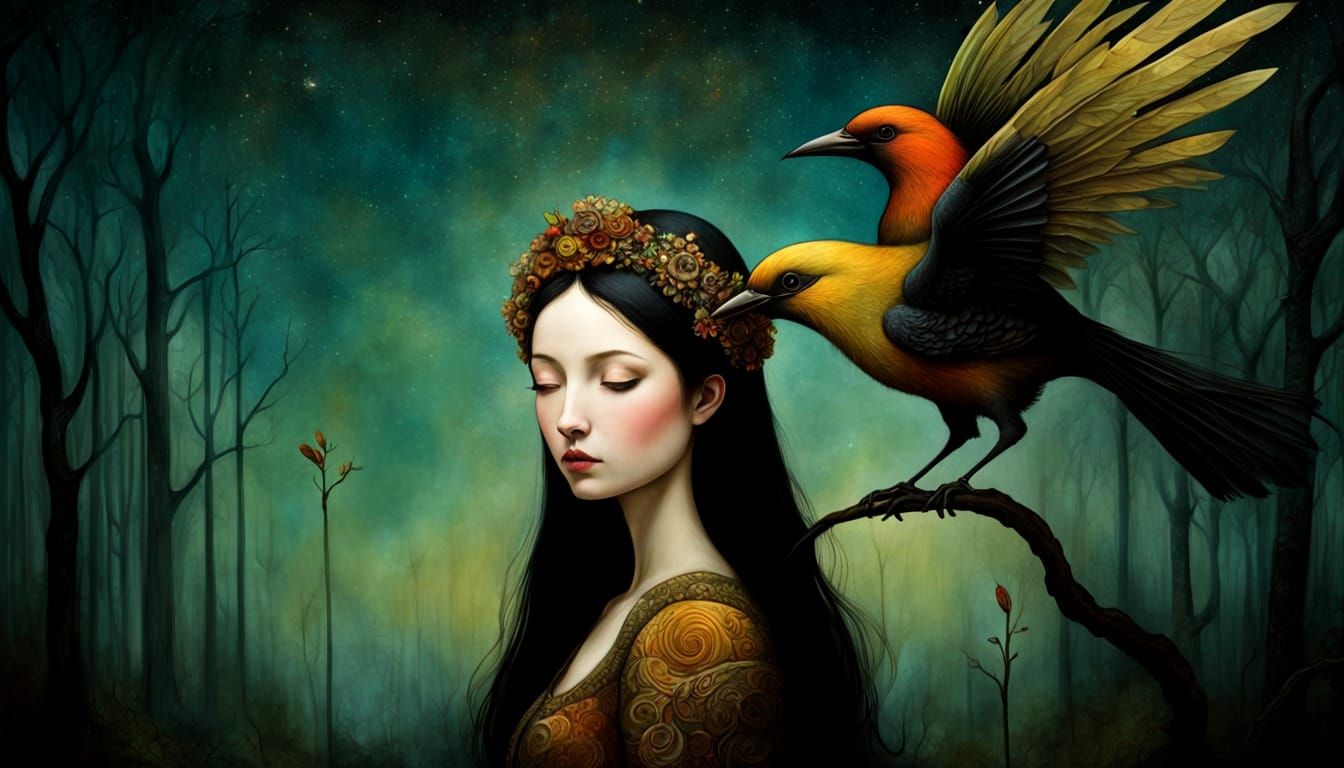 Dreamlike Woman-Bird Art Brut Painting
