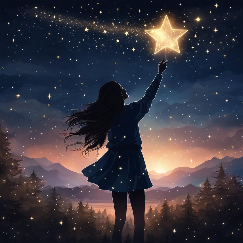 Girl Releasing Star to Ethereal Night Sky