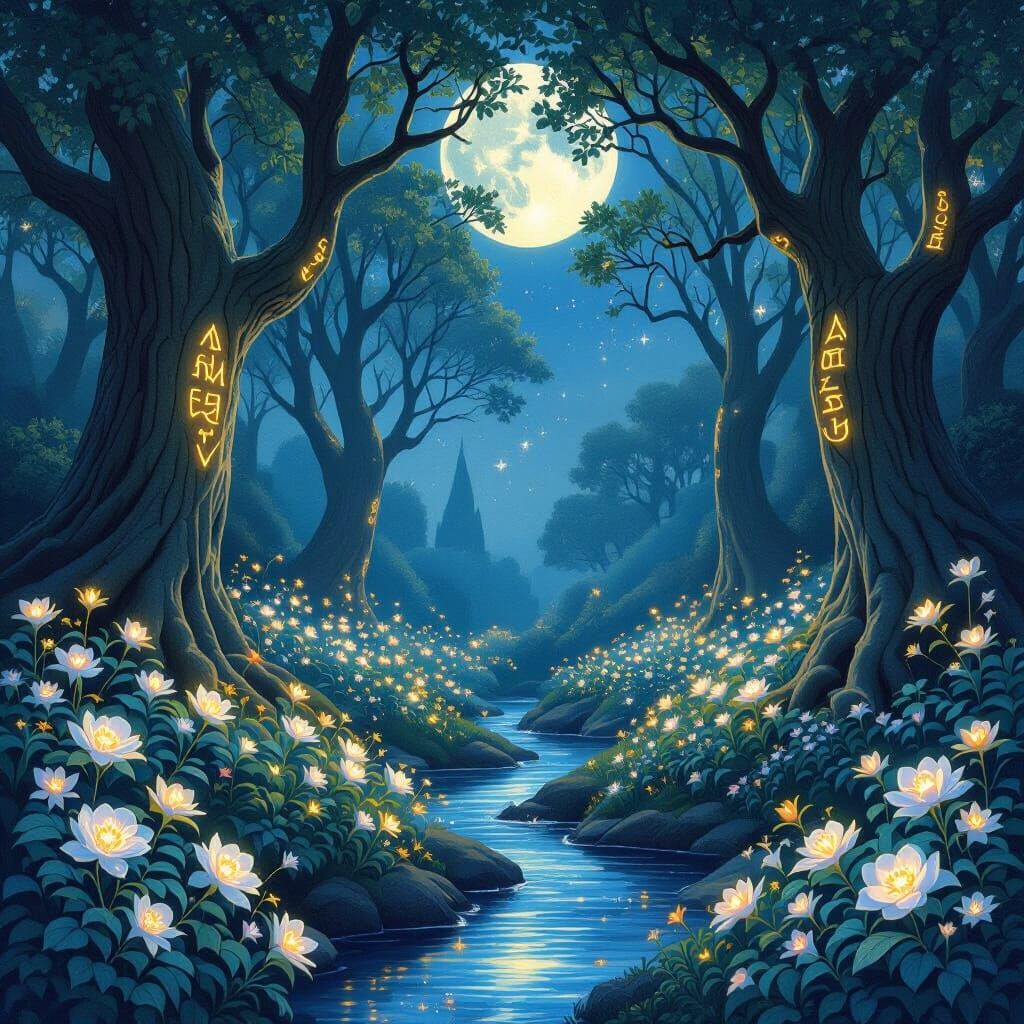 A serene moonlit garden