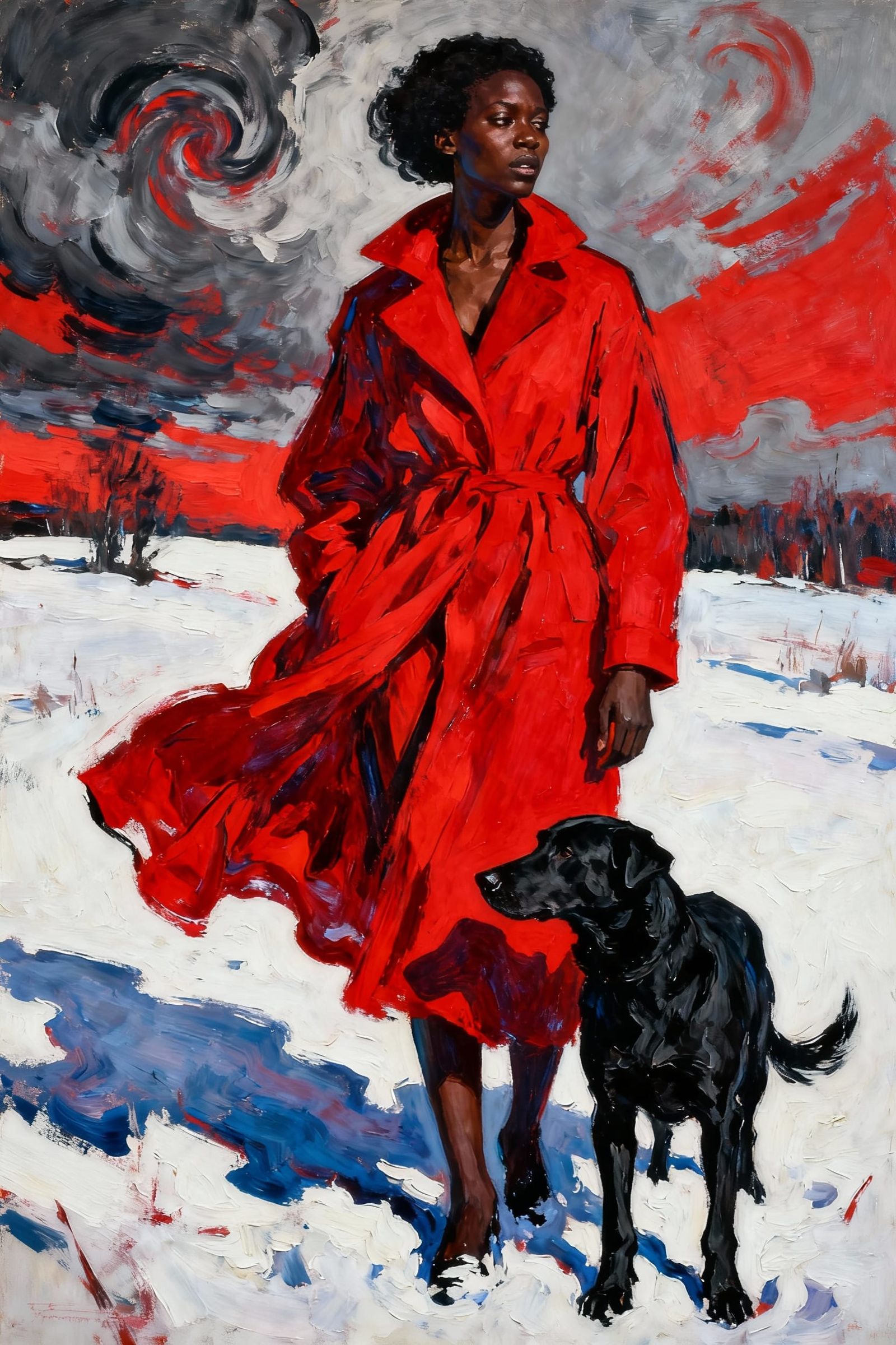 Black Woman and Dog in Dramatic Red Snowscape