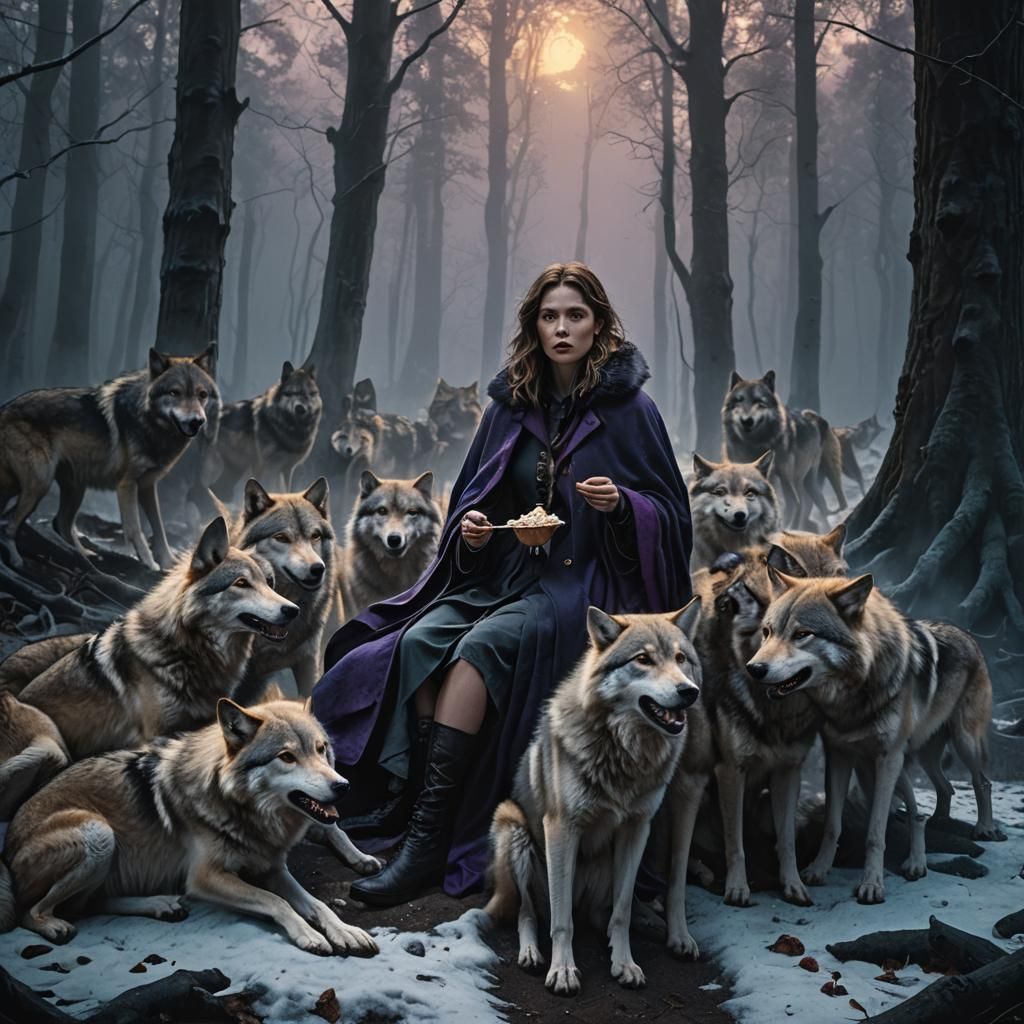 Dark Fantasy Woman Surrounded by Wolves