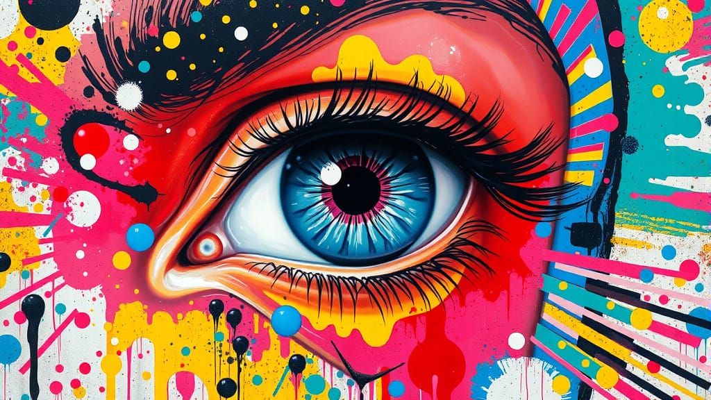 Polychromatic Eye Surrounded by Graffiti Splatters