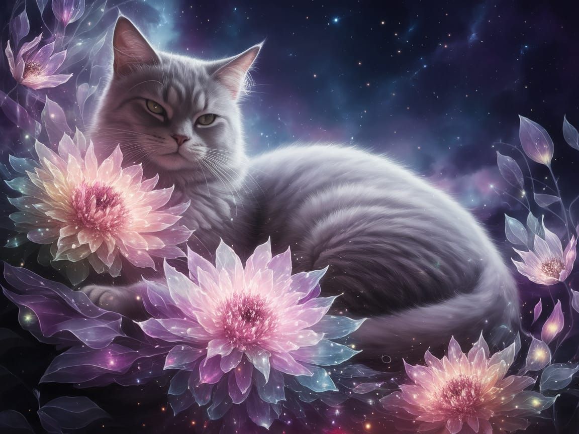 Cosmic Cat Among Luminous Flowers in Fantasy Style