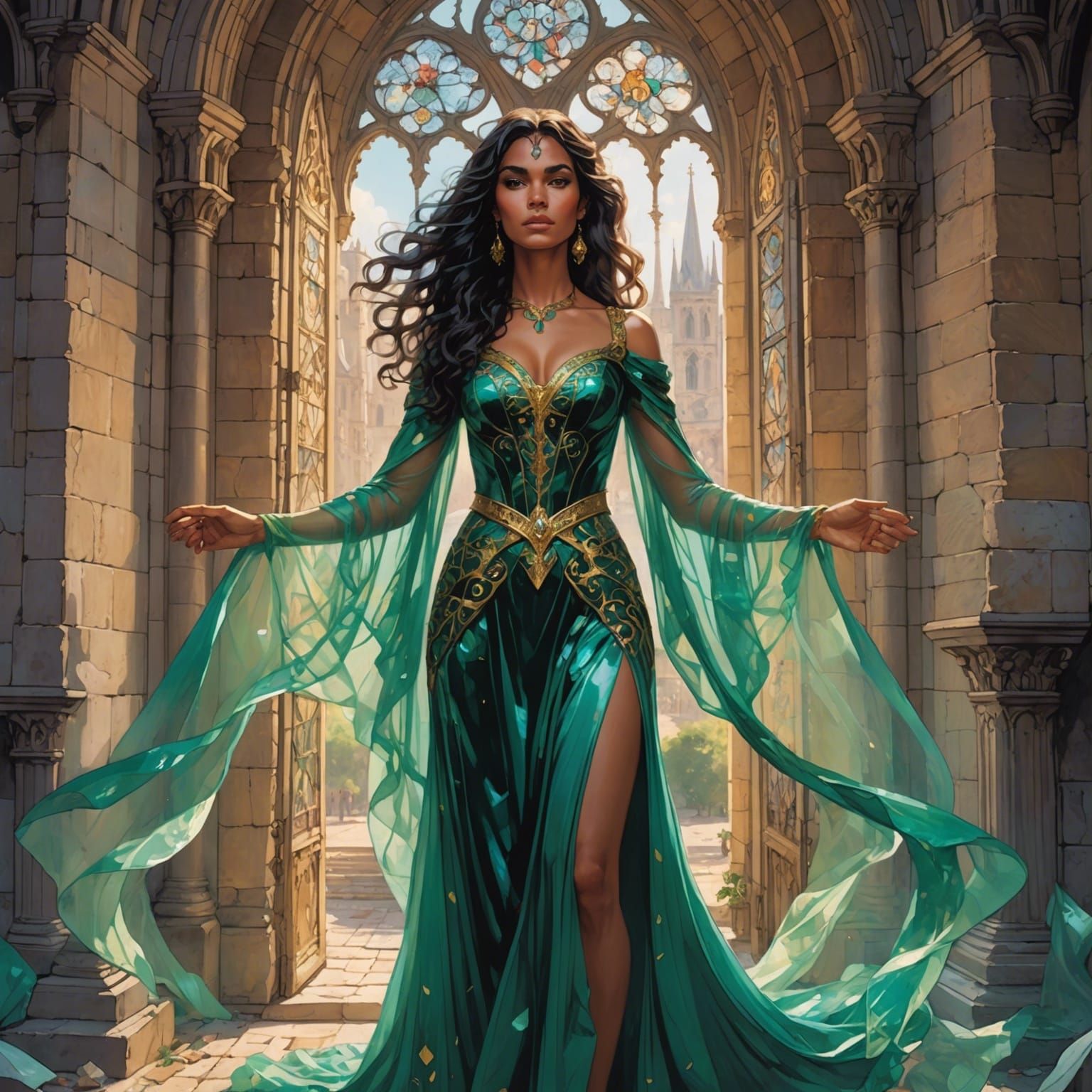 Woman in Billowing Dress Shattering Glass