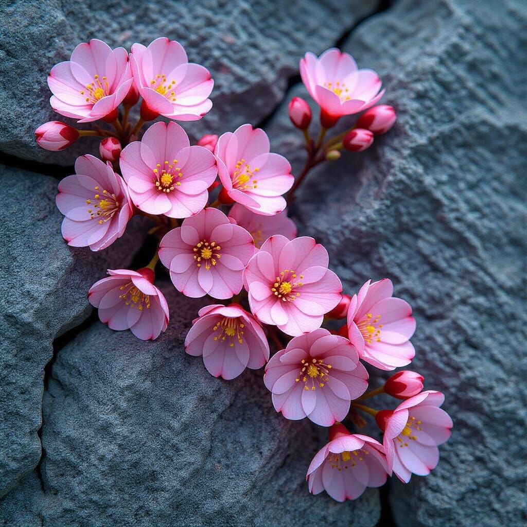 Pink Flowers Bloom on Grey Stone: A Study in Contrast