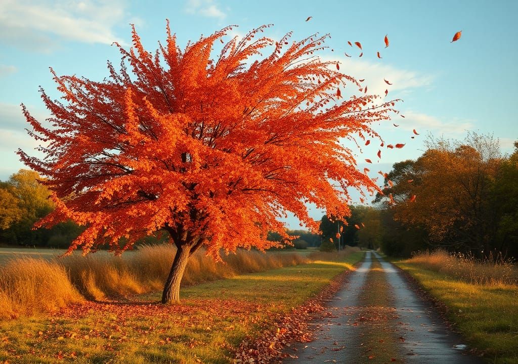 Windy Autumn Day: Tree and Scattered Leaves