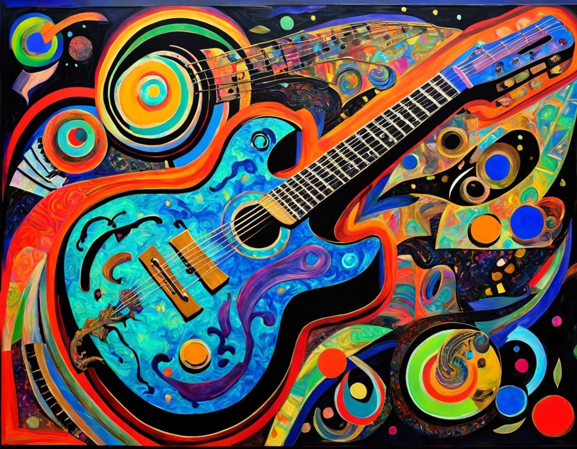 Vibrant Abstract Guitar in Blacklight Neon Style
