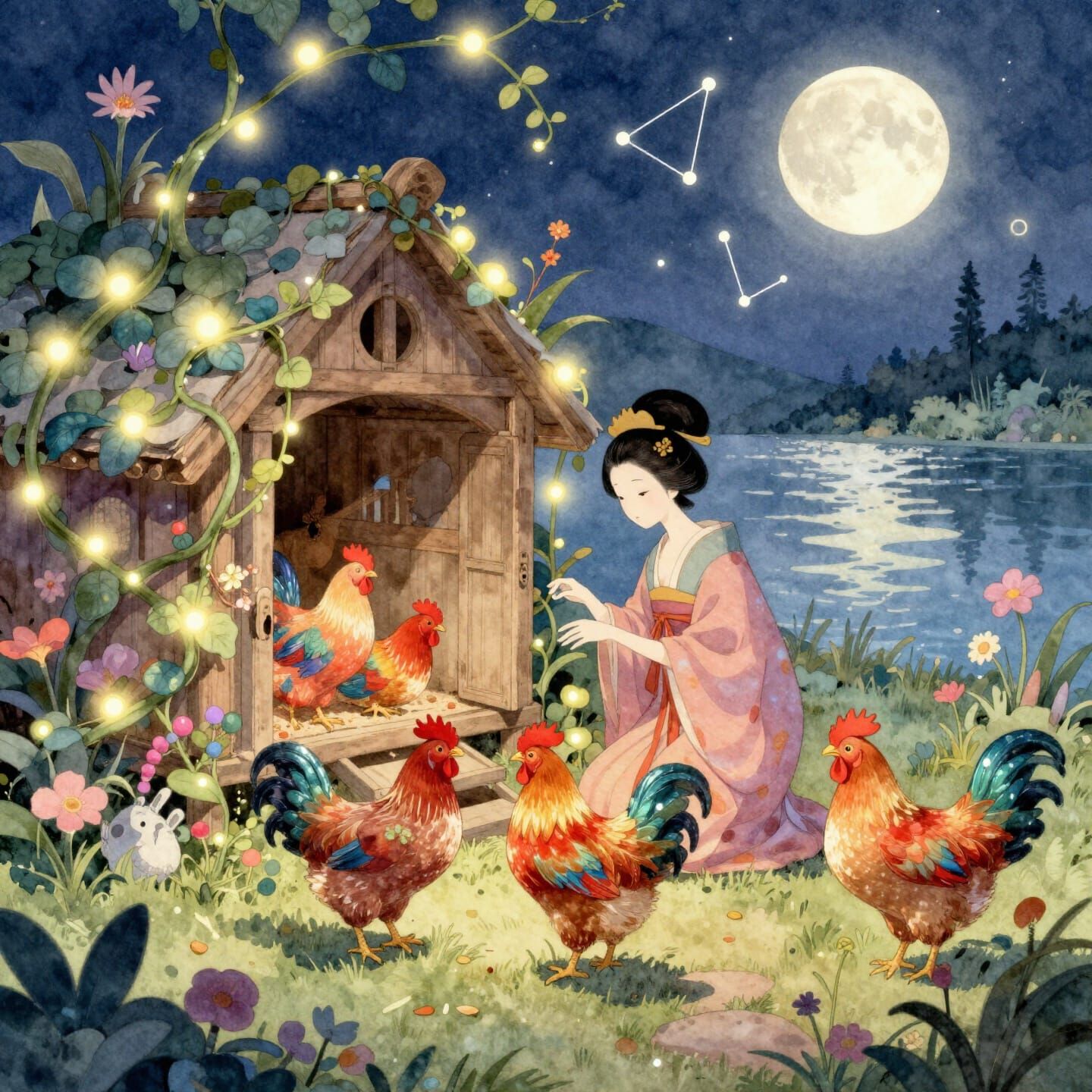 A whimsical scene of a lone Geisha tending to a vibrant, fantastical chicken coop. The chickens are iridescent and have ...