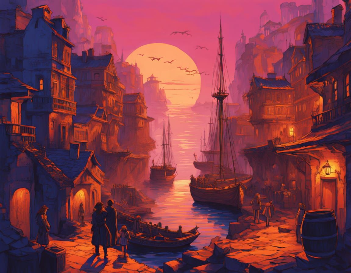 Vibrant 18th Century Port City at Dusk, in a Maximalist Cybe...