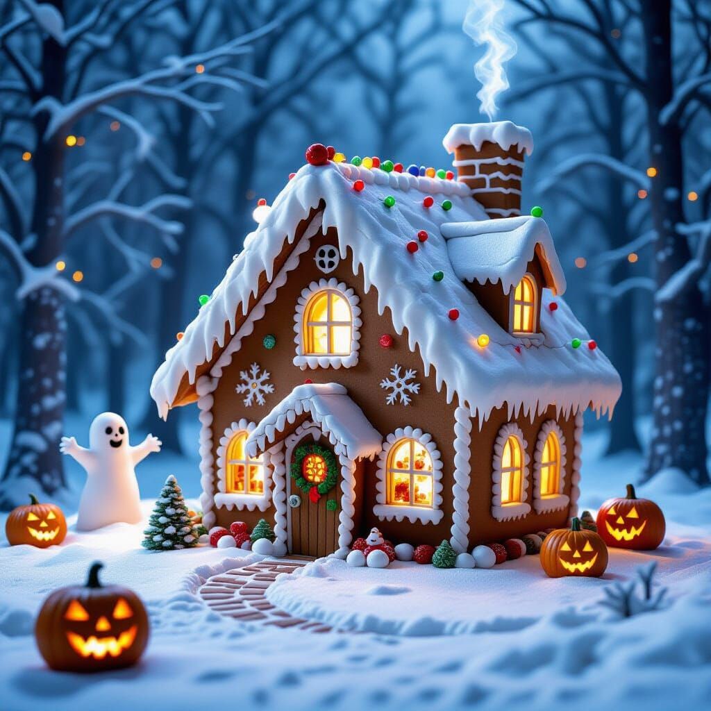 Spooky Gingerbread House in Snowy Forest with Ghosts
