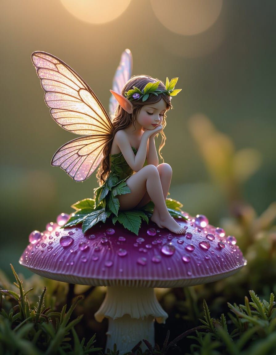 Tiny Dryad on Purple Mushroom: Macro Nature Photography