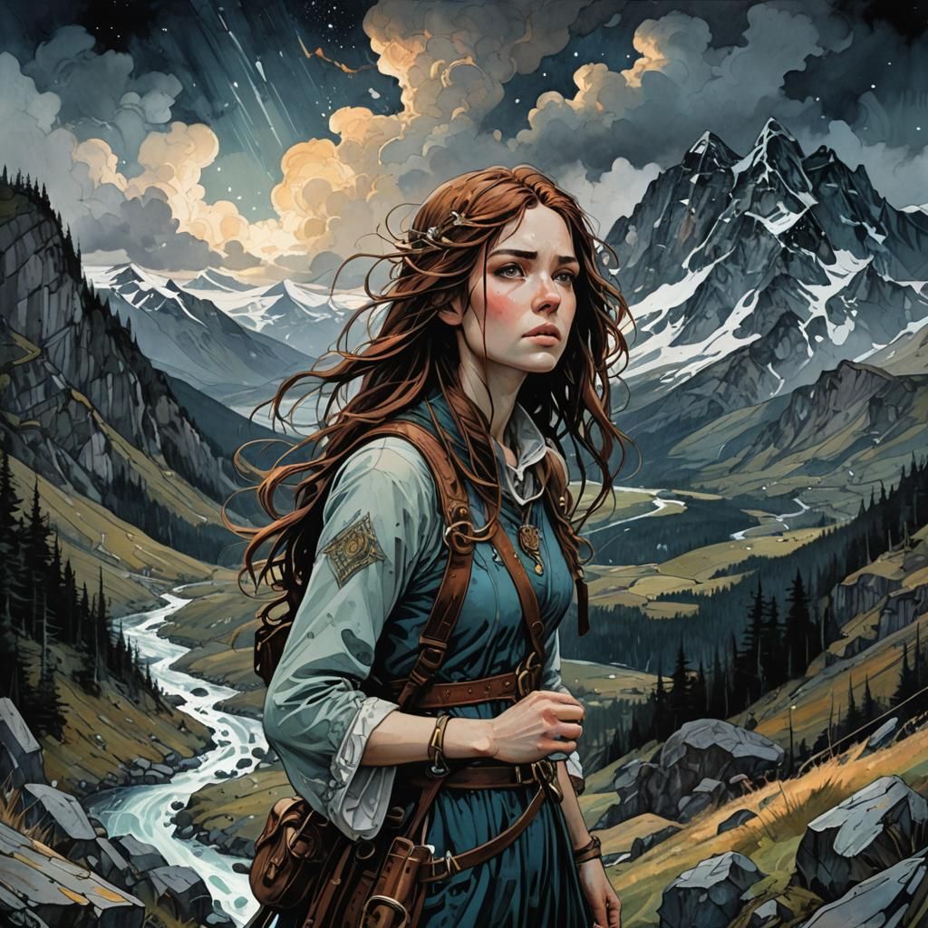 Highland Serenity with Electrical Phenomena, Watercolor Styl...