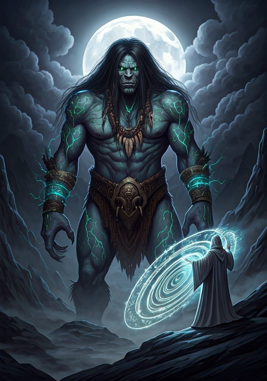 Two-Headed Mountain Troll Under a Full Moon