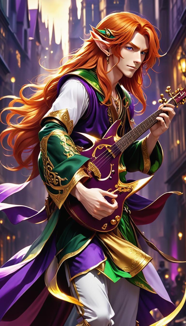 Elf Bard with Lute in Anime Style