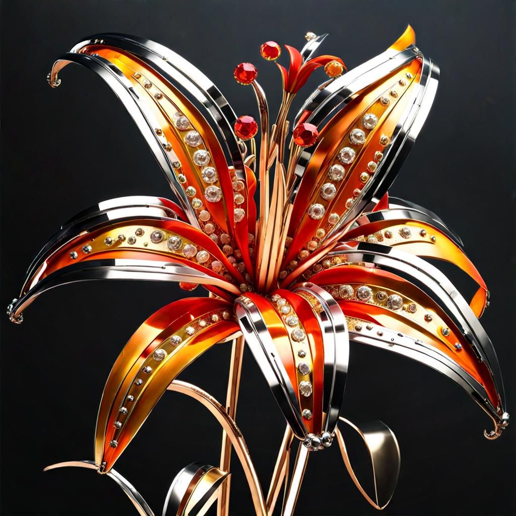 Ornate Bejeweled Mechanical Metal Tiger Lily Bouquet